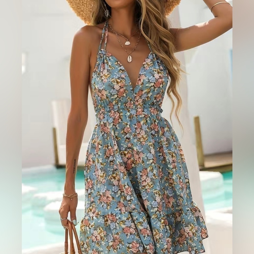 NWOT MAPAF Women's Boho Floral Print Tied Backless Ruffle Hem Dress Size Small